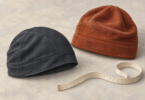 Illustration of a thin charcoal skull cap and a rust-colored beanie beside a measuring tape