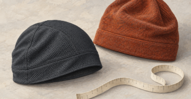 Illustration of a thin charcoal skull cap and a rust-colored beanie beside a measuring tape