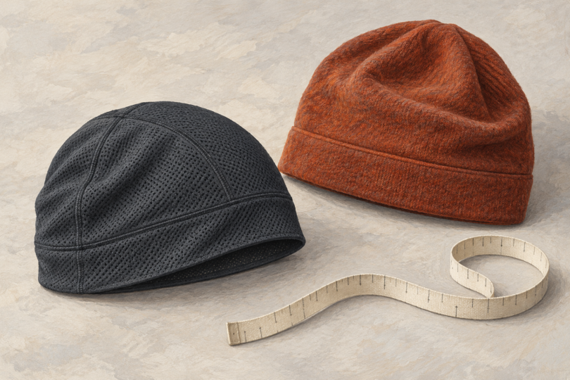 Illustration of a thin charcoal skull cap and a rust-colored beanie beside a measuring tape