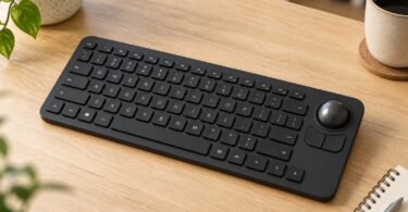 Unbranded black compact keyboard with a spherical trackball and two mouse buttons on a wooden desk.