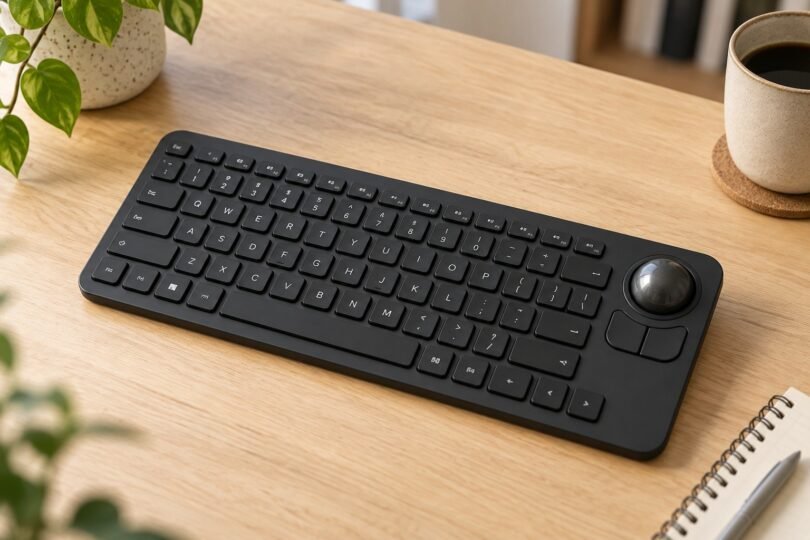 Unbranded black compact keyboard with a spherical trackball and two mouse buttons on a wooden desk.