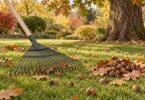 Illustration of an unbranded leaf rake beside acorns and oak leaves on a lawn