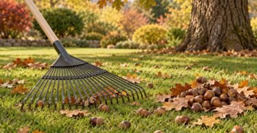 Illustration of an unbranded leaf rake beside acorns and oak leaves on a lawn