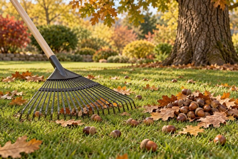 Illustration of an unbranded leaf rake beside acorns and oak leaves on a lawn