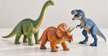 Three colorful unbranded dinosaur toy figures on a plain light surface