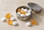 Illustration of plain white and amber mint sweets in and around an unbranded metal tin.