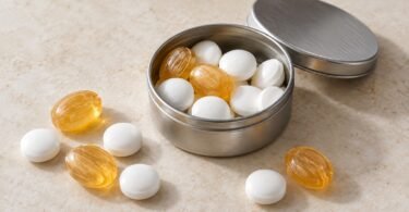 Illustration of plain white and amber mint sweets in and around an unbranded metal tin.
