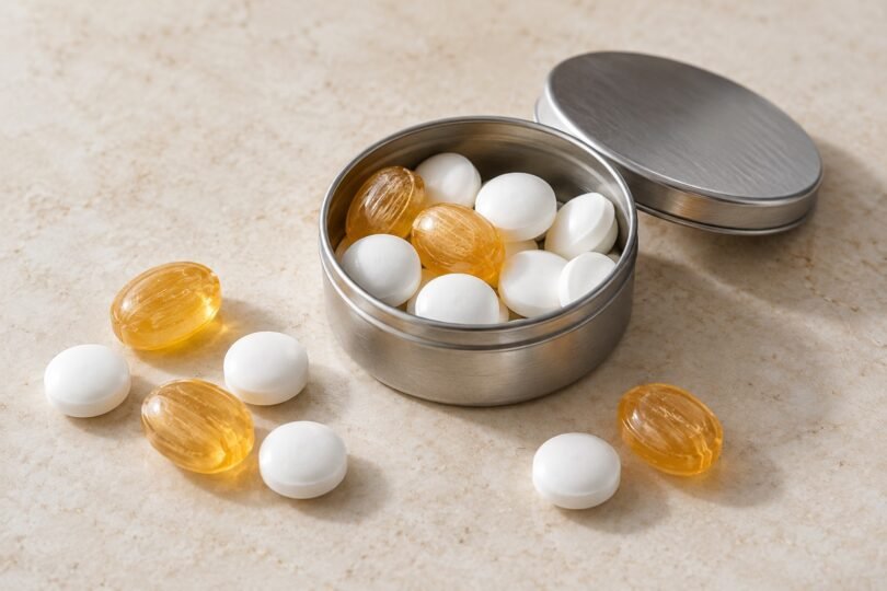 Illustration of plain white and amber mint sweets in and around an unbranded metal tin.