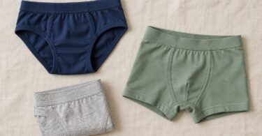 Illustration of flat lay of unbranded navy briefs, sage-green boxer briefs and a folded gray pair on a neutral fabric surface.