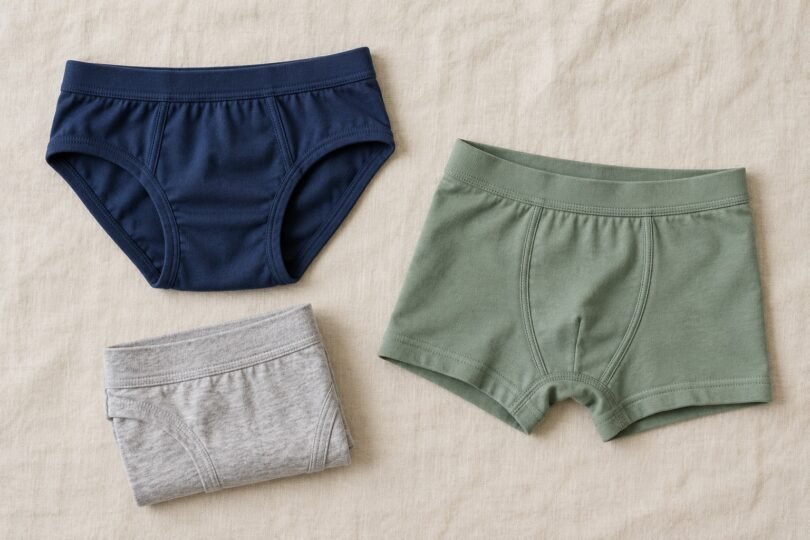 Illustration of flat lay of unbranded navy briefs, sage-green boxer briefs and a folded gray pair on a neutral fabric surface.