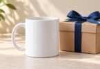 Illustration of a plain white ceramic gift mug beside a kraft box with a blue ribbon.