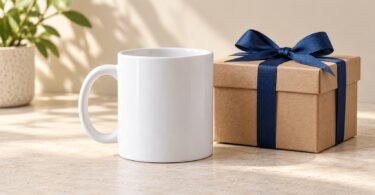 Illustration of a plain white ceramic gift mug beside a kraft box with a blue ribbon.