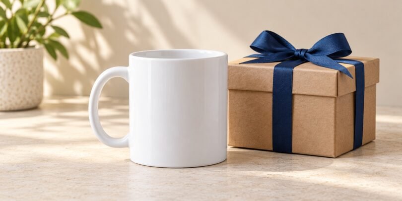 Illustration of a plain white ceramic gift mug beside a kraft box with a blue ribbon.