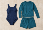 Illustration of navy one-piece swimsuit beside a teal long-sleeve rashguard and swim shorts on a neutral background.