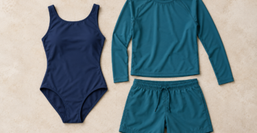 Illustration of navy one-piece swimsuit beside a teal long-sleeve rashguard and swim shorts on a neutral background.