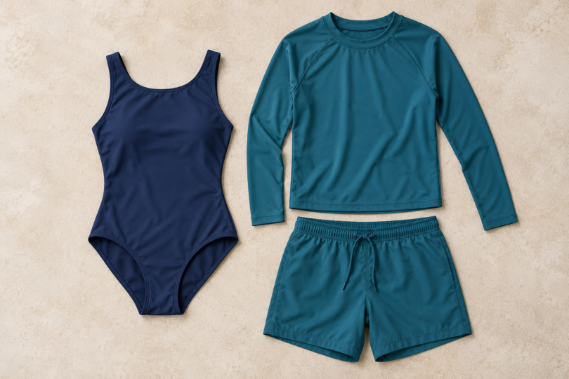 Illustration of navy one-piece swimsuit beside a teal long-sleeve rashguard and swim shorts on a neutral background.