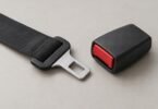 Illustration of black seat belt webbing, a metal latch plate and a separate buckle receiver on a tabletop