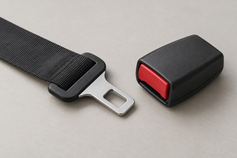 Illustration of black seat belt webbing, a metal latch plate and a separate buckle receiver on a tabletop
