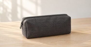 Illustrative image of a closed, unbranded gray accessory pouch on a plain wooden table.