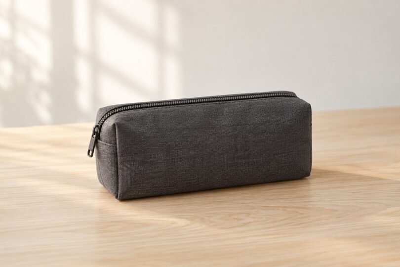 Illustrative image of a closed, unbranded gray accessory pouch on a plain wooden table.