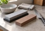 Two rectangular sharpening stones beside a chef's knife, a bowl of water and a folded towel
