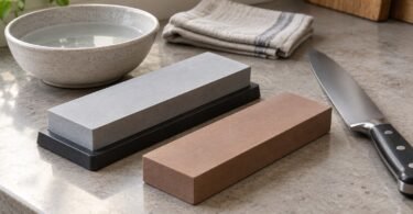 Two rectangular sharpening stones beside a chef's knife, a bowl of water and a folded towel