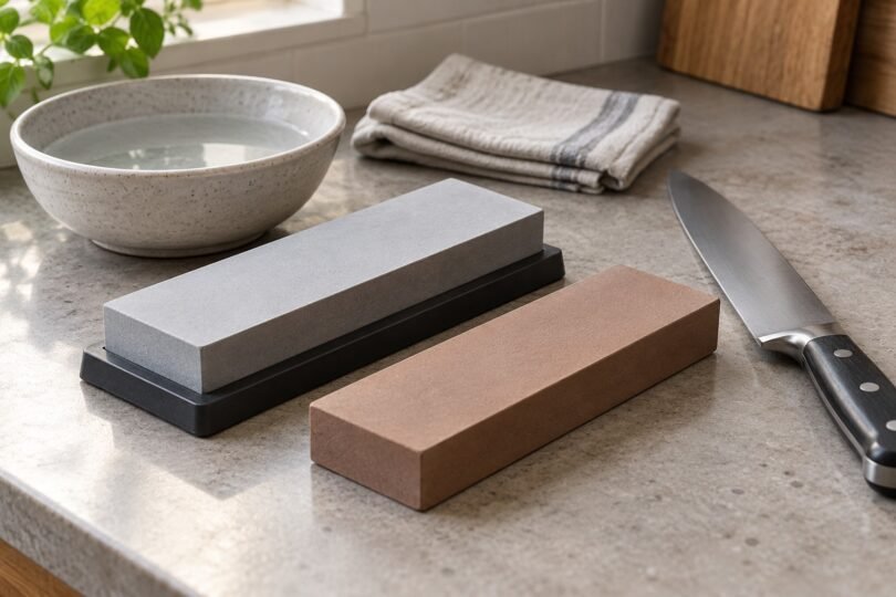 Two rectangular sharpening stones beside a chef's knife, a bowl of water and a folded towel