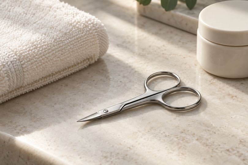 Illustration of closed stainless-steel cuticle scissors beside an ivory towel and an unmarked cream jar