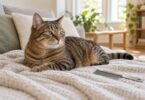 Tabby cat resting on a blanket beside an unused grooming comb in a bright living room
