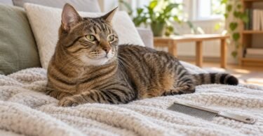 Tabby cat resting on a blanket beside an unused grooming comb in a bright living room