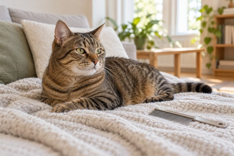 Tabby cat resting on a blanket beside an unused grooming comb in a bright living room