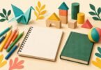 Illustrated colored pencils, a sketchbook, wooden blocks, an origami bird, a ball and a book.
