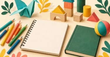 Illustrated colored pencils, a sketchbook, wooden blocks, an origami bird, a ball and a book.