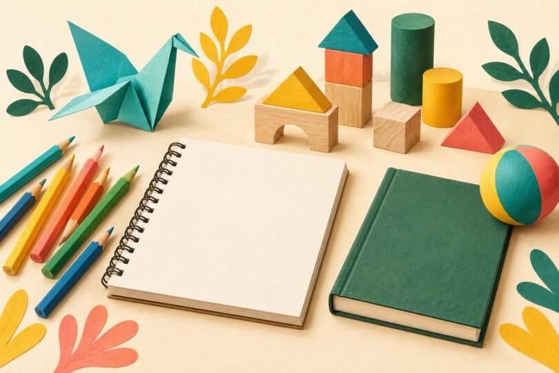 Illustrated colored pencils, a sketchbook, wooden blocks, an origami bird, a ball and a book.