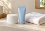 An unlabeled white jar and pale-blue tube, both closed, beside a folded white washcloth on a bathroom shelf.