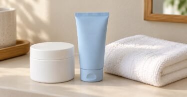 An unlabeled white jar and pale-blue tube, both closed, beside a folded white washcloth on a bathroom shelf.