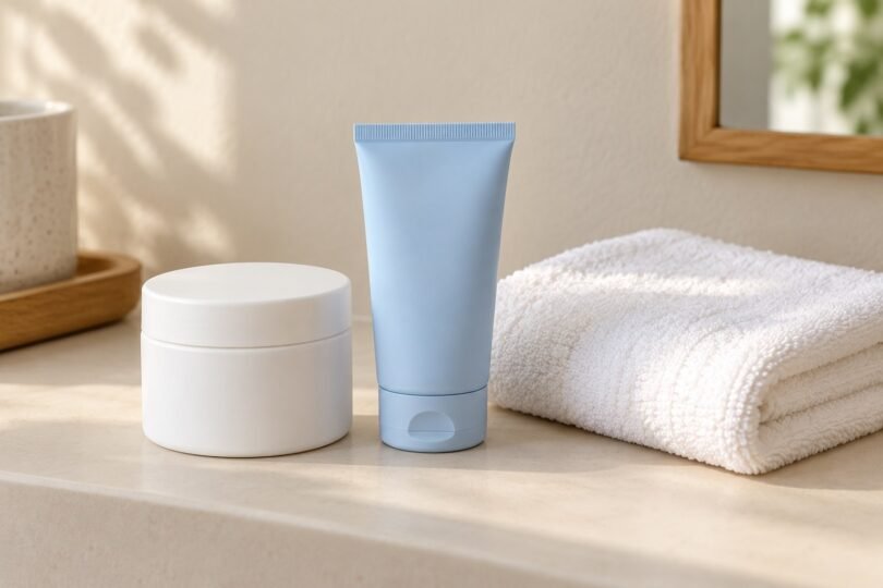 An unlabeled white jar and pale-blue tube, both closed, beside a folded white washcloth on a bathroom shelf.