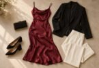 Illustration of flat lay of a burgundy midi dress, black blazer, ivory trousers, low-heeled shoes and an evening clutch.