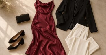 Illustration of flat lay of a burgundy midi dress, black blazer, ivory trousers, low-heeled shoes and an evening clutch.