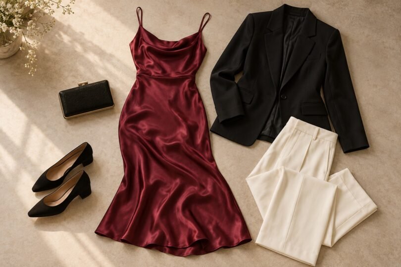 Illustration of flat lay of a burgundy midi dress, black blazer, ivory trousers, low-heeled shoes and an evening clutch.
