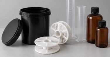 Unbranded developing tank, two empty film reels, measuring cylinders and amber bottles on a gray surface.