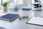 Illustration of a notebook, reading glasses and blank clipboard on a clinic desk with a microscope in the background.