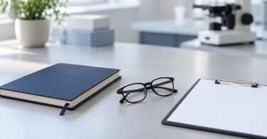 Illustration of a notebook, reading glasses and blank clipboard on a clinic desk with a microscope in the background.