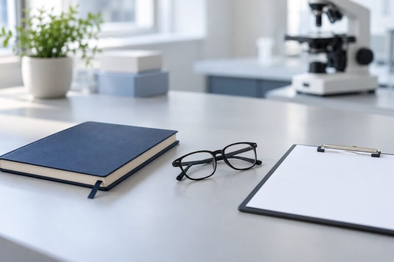 Illustration of a notebook, reading glasses and blank clipboard on a clinic desk with a microscope in the background.