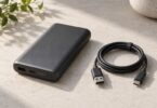 Unbranded dark gray portable battery beside an unplugged USB cable on a light tabletop