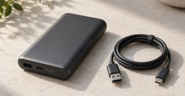 Unbranded dark gray portable battery beside an unplugged USB cable on a light tabletop