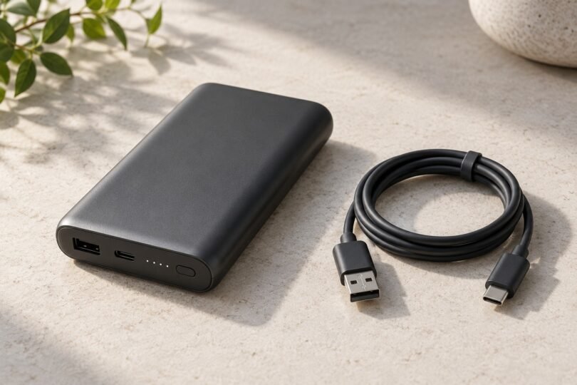 Unbranded dark gray portable battery beside an unplugged USB cable on a light tabletop