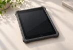 Illustration of a home-button tablet inside an unbranded closed protective shell.