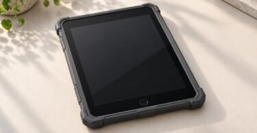 Illustration of a home-button tablet inside an unbranded closed protective shell.