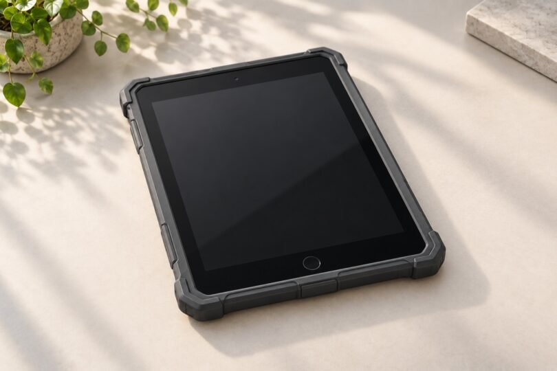 Illustration of a home-button tablet inside an unbranded closed protective shell.